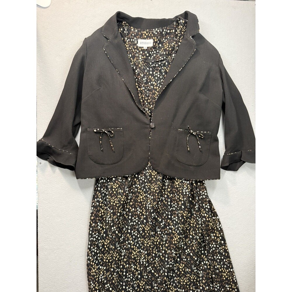 Studio I 2 Piece Dress Jacket Set Womens 18 Black Brown Geometric Pattern Career